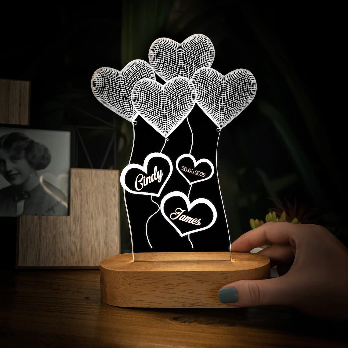 Personalized 3D Illusion Led Double Heart LED Lamp for Anniversary