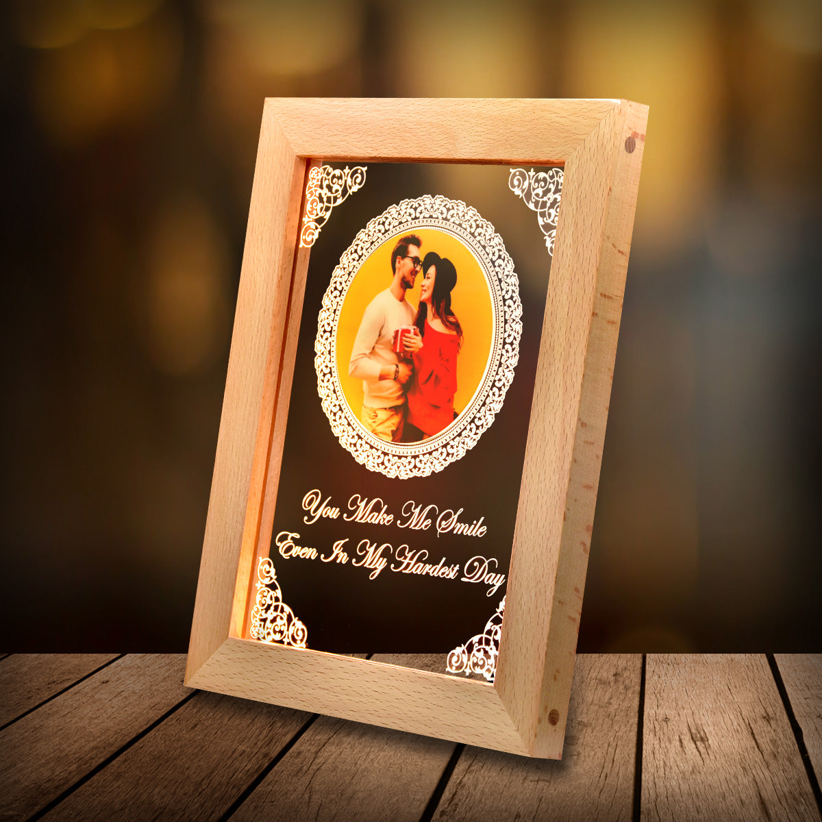 Personalized wooden led frame for couple