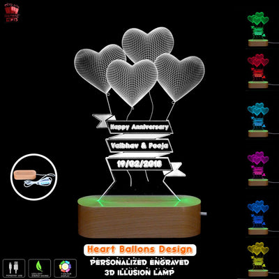 3D Illusion Multi-Color LED Lamp with Heart Balloon Birthday Design