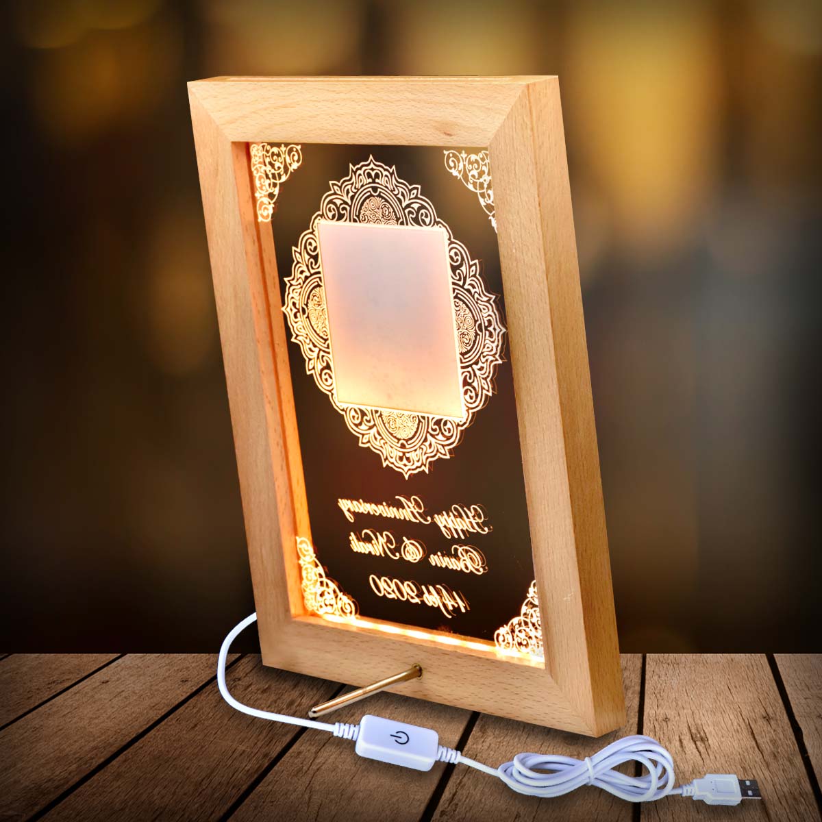 Personalized wooden led frame for anniversary