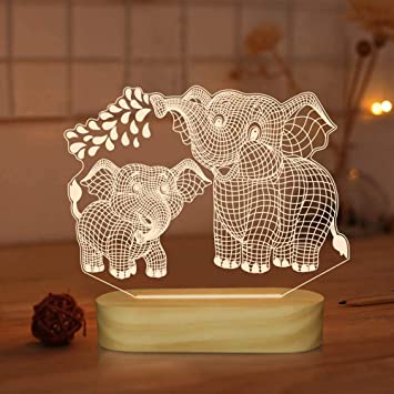Elephant 3D Lamp, LED Illusion Night Light USB Warm Colors Wooden Lamp Base Gift for Kids