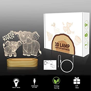 Elephant 3D Lamp, LED Illusion Night Light USB Warm Colors Wooden Lamp Base Gift for Kids