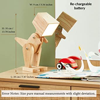 Wooden Rechargeable Unique Dinosaur Table Lamp Adjustable Body Fun Desk Lamp(Warm White)