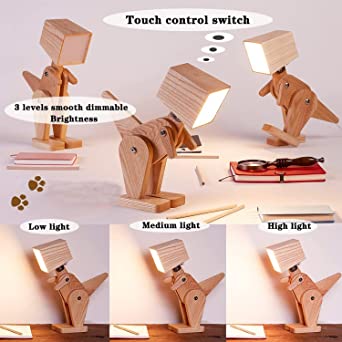 Wooden Rechargeable Unique Dinosaur Table Lamp Adjustable Body Fun Desk Lamp(Warm White)