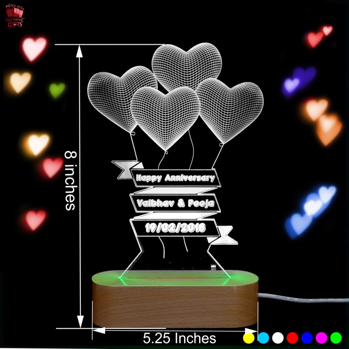 3D Illusion Multi-Color LED Lamp with Heart Balloon Birthday Design