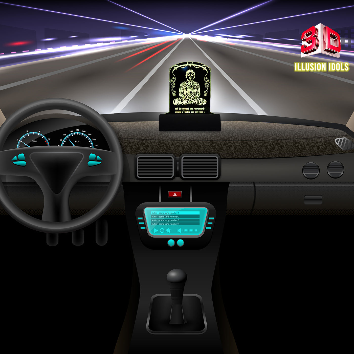 3D illusion Car Dashboard LED Murti of Mahavir Swami