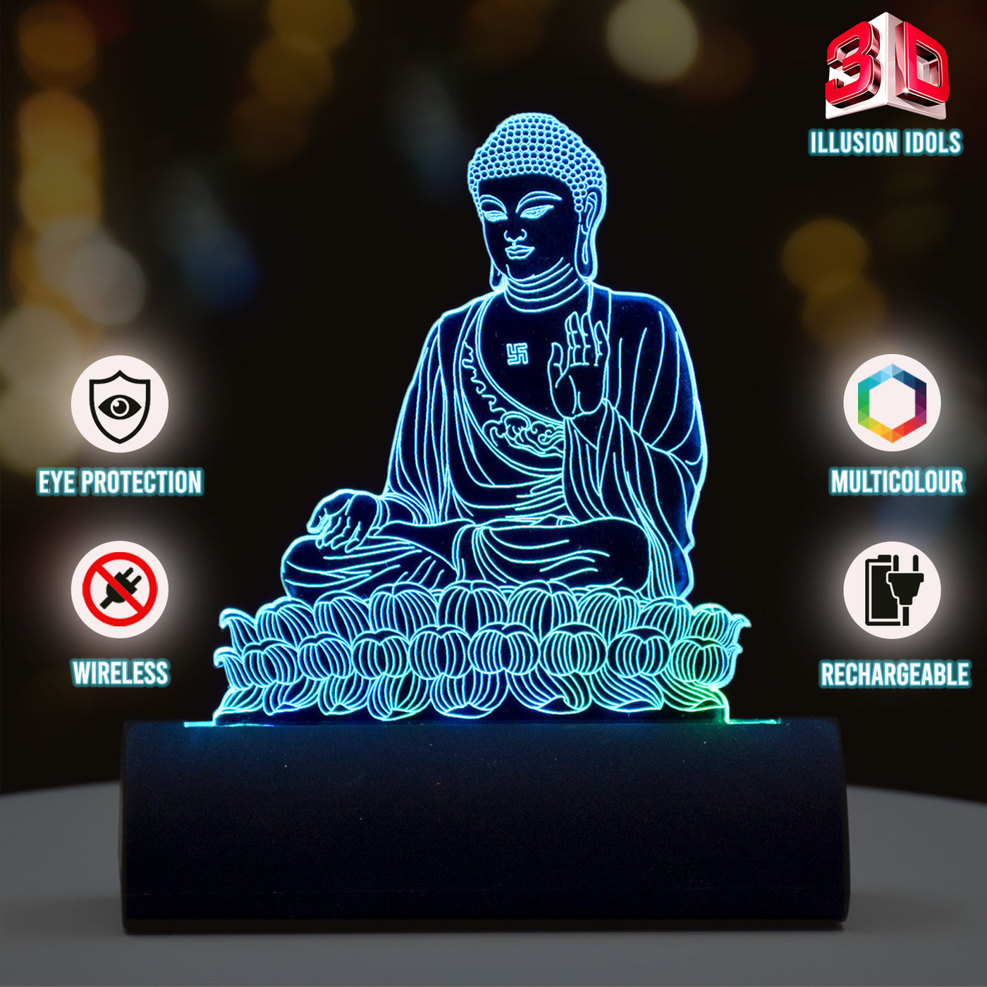 3D illusion Car Dashboard LED Murti of Buddha